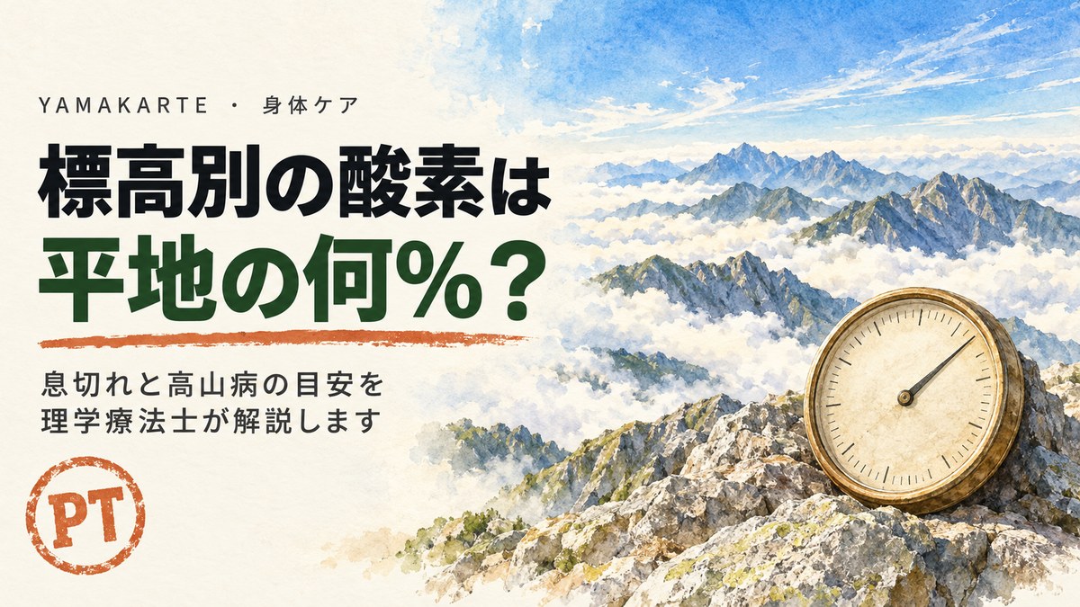 山頂の岩に置いたアナログの高度計と眼下の雲海、遠くの岩の稜線を描いた水彩画 標高別の酸素は平地の何%か、息切れと高山病の目安を理学療法士が解説 ヤマカルテ