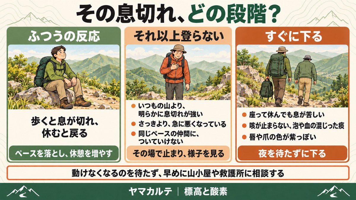 高地の息切れの3段階の図解 歩くと切れて休むと戻るのはふつうの反応でペースを落とす、いつもより強い・急に悪化・仲間についていけないならそれ以上登らない、休んでも苦しい・咳や泡や血の混じった痰・唇や爪が紫ならすぐに下る、早めに山小屋や救護所に相談 ヤマカルテ