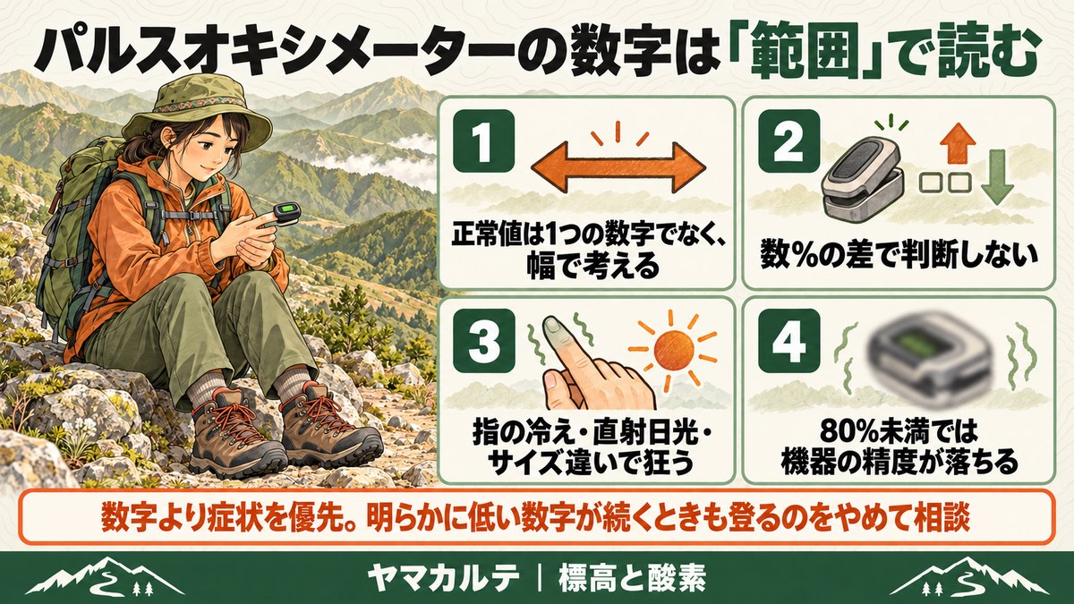 パルスオキシメーターの数字は範囲で読む図解 正常値は幅で考える、数%の差で判断しない、指の冷え・直射日光・サイズ違いで狂う、80%未満では機器の精度が落ちる、数字より症状を優先し低い数字が続くときも登るのをやめて相談 ヤマカルテ
