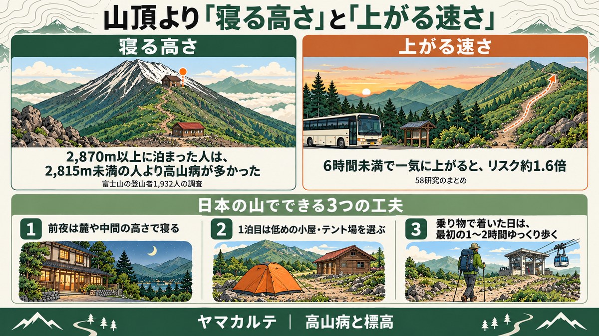 高山病の予防は山頂より寝る高さと上がる速さの図解 富士山で2,870m以上に泊まった人は2,815m未満より高山病が多く、6時間未満で一気に上がるとリスク約1.6倍、前夜は麓で寝るなど3つの工夫 ヤマカルテ