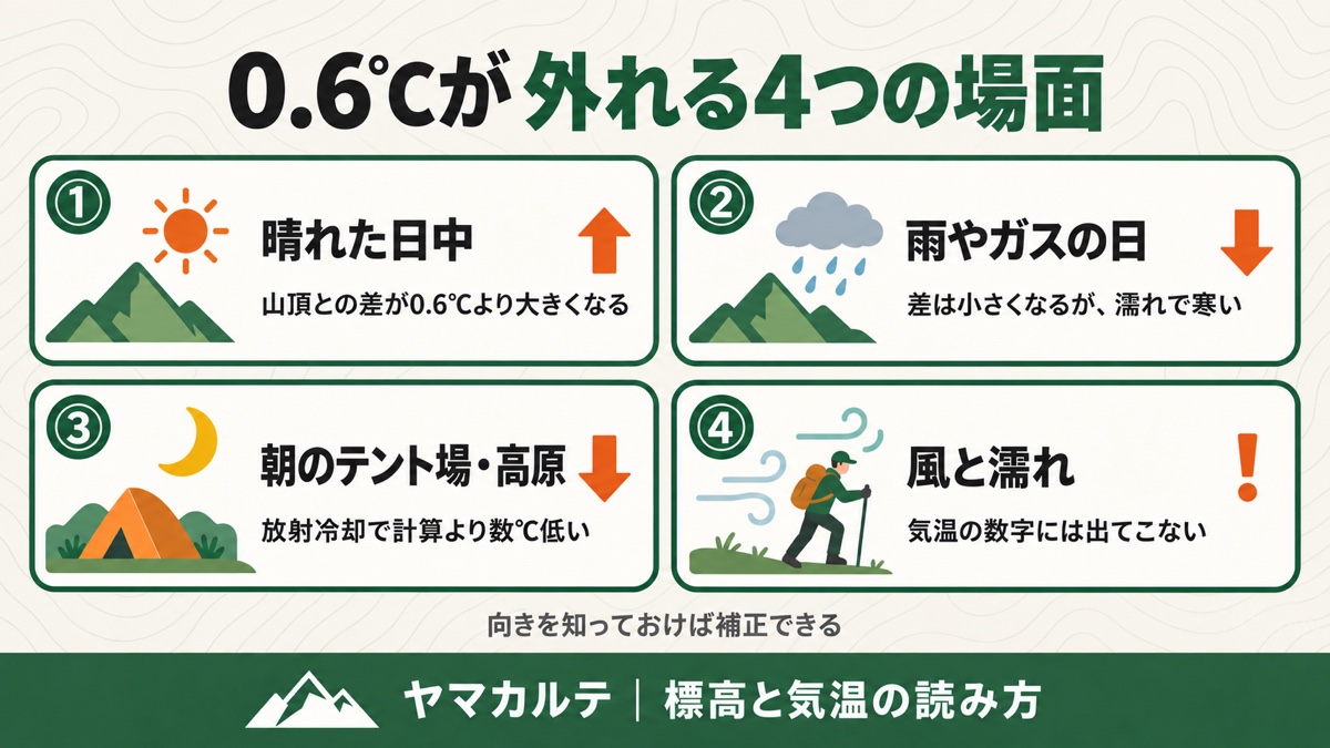0.6℃が外れる4つの場面 晴れた日中は差が大きく・雨やガスの日は小さく・朝のテント場は数℃低く・風と濡れは数字に出ない ヤマカルテ