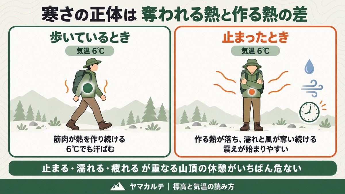 同じ気温6℃でも歩いているときは筋肉が熱を作り続け止まったときは濡れと風が熱を奪う 寒さの正体は奪われる熱と作る熱の差 ヤマカルテ
