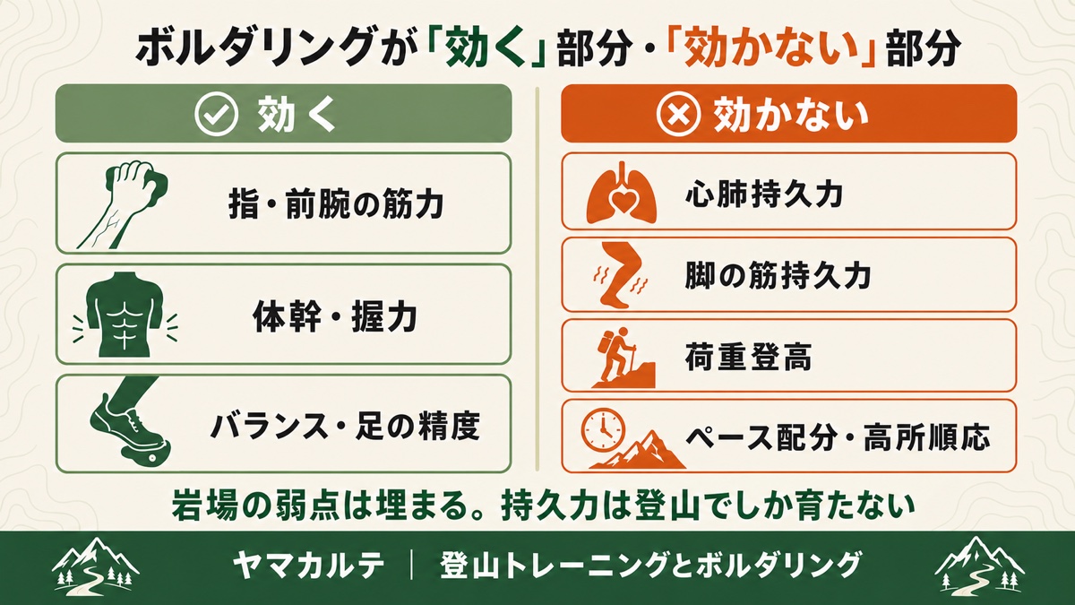 ボルダリングが効く部分（指・前腕の筋力、体幹・握力、バランス・足の精度）と効かない部分（心肺持久力、脚の筋持久力、荷重登高、ペース配分・高所順応）の比較 ヤマカルテ
