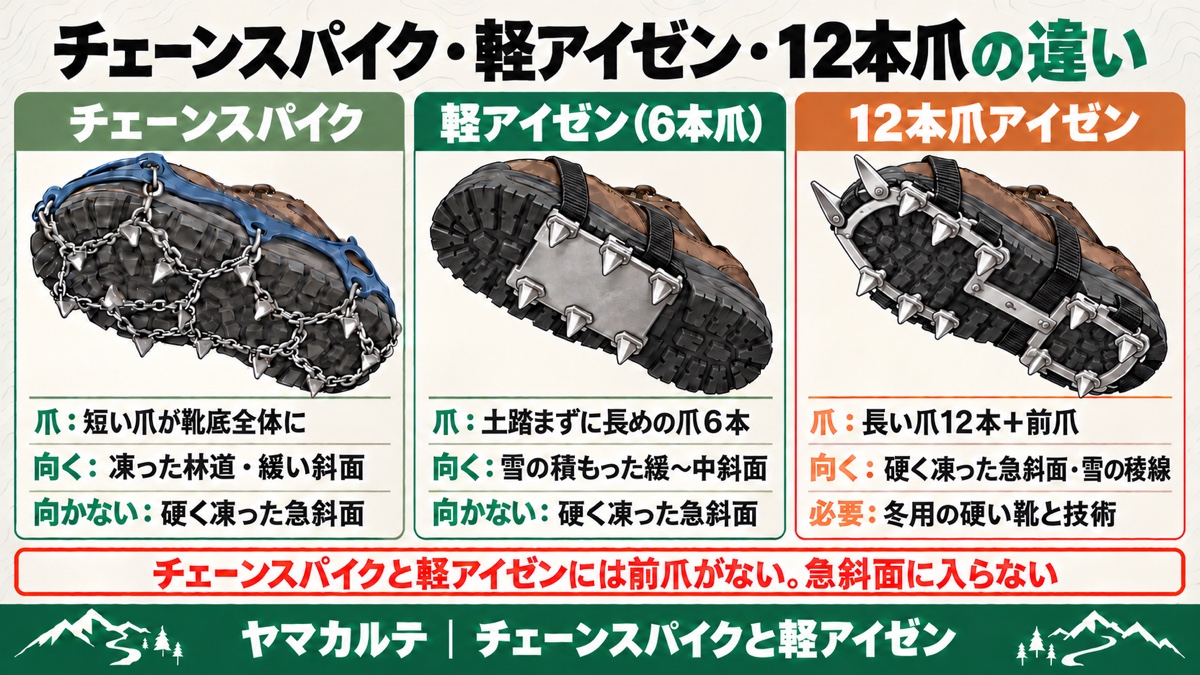チェーンスパイク・6本爪の軽アイゼン・12本爪アイゼンの違い 爪の数と配置・向いている場所・向かない場所 チェーンスパイクと軽アイゼンには前爪がない ヤマカルテ