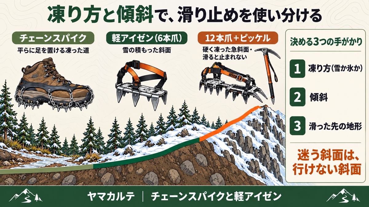 凍り方と傾斜で滑り止めを使い分ける 緩い凍結路はチェーンスパイク・雪の積もった斜面は6本爪・硬く凍った急斜面は12本爪とピッケル 決める手がかりは凍り方・傾斜・滑った先の地形 ヤマカルテ