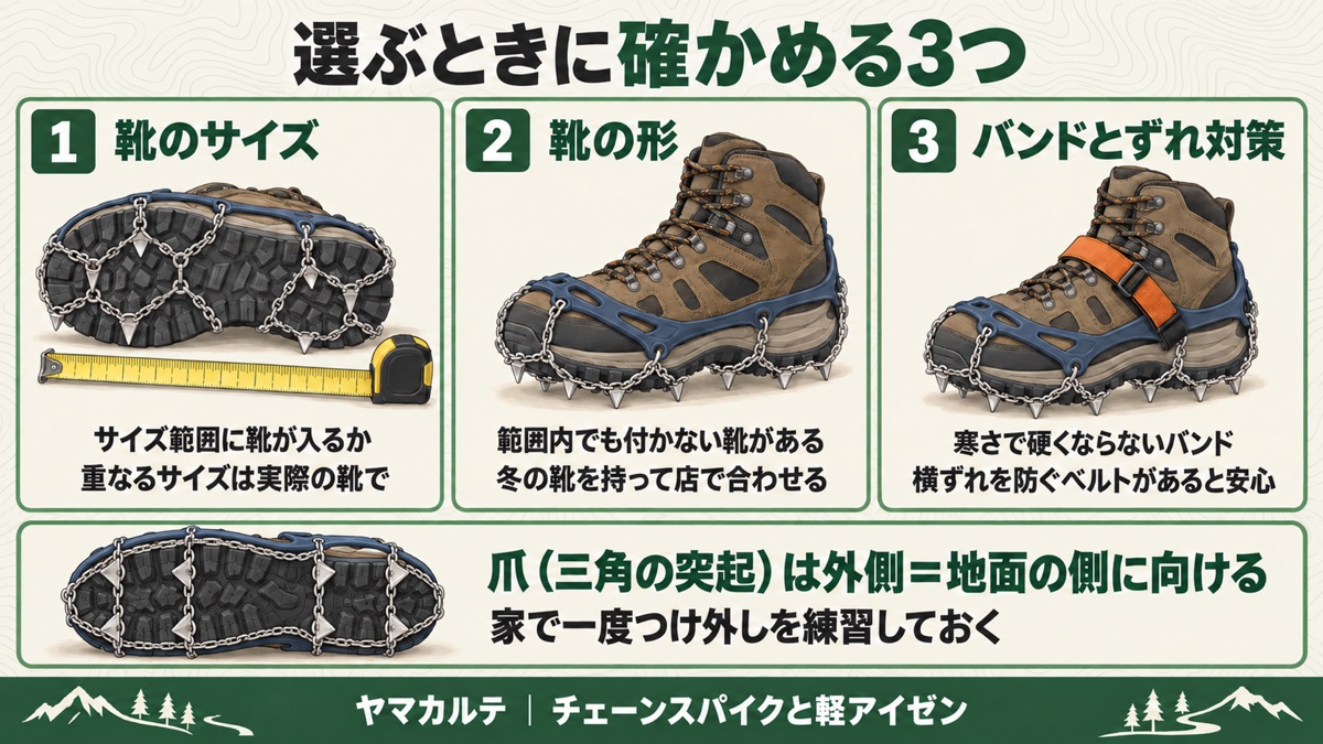 チェーンスパイク・軽アイゼンを選ぶときに確かめる3つ 靴のサイズ・靴の形・寒さで硬くならないバンドと横ずれ対策 爪は地面の側に向ける ヤマカルテ