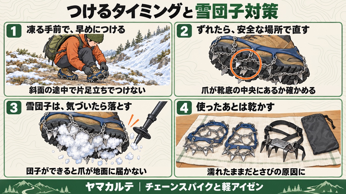チェーンスパイクをつけるタイミングと雪団子対策 凍る手前で早めにつける・ずれたら安全な場所で直す・雪団子は気づいたら落とす・使ったあとは乾かす ヤマカルテ