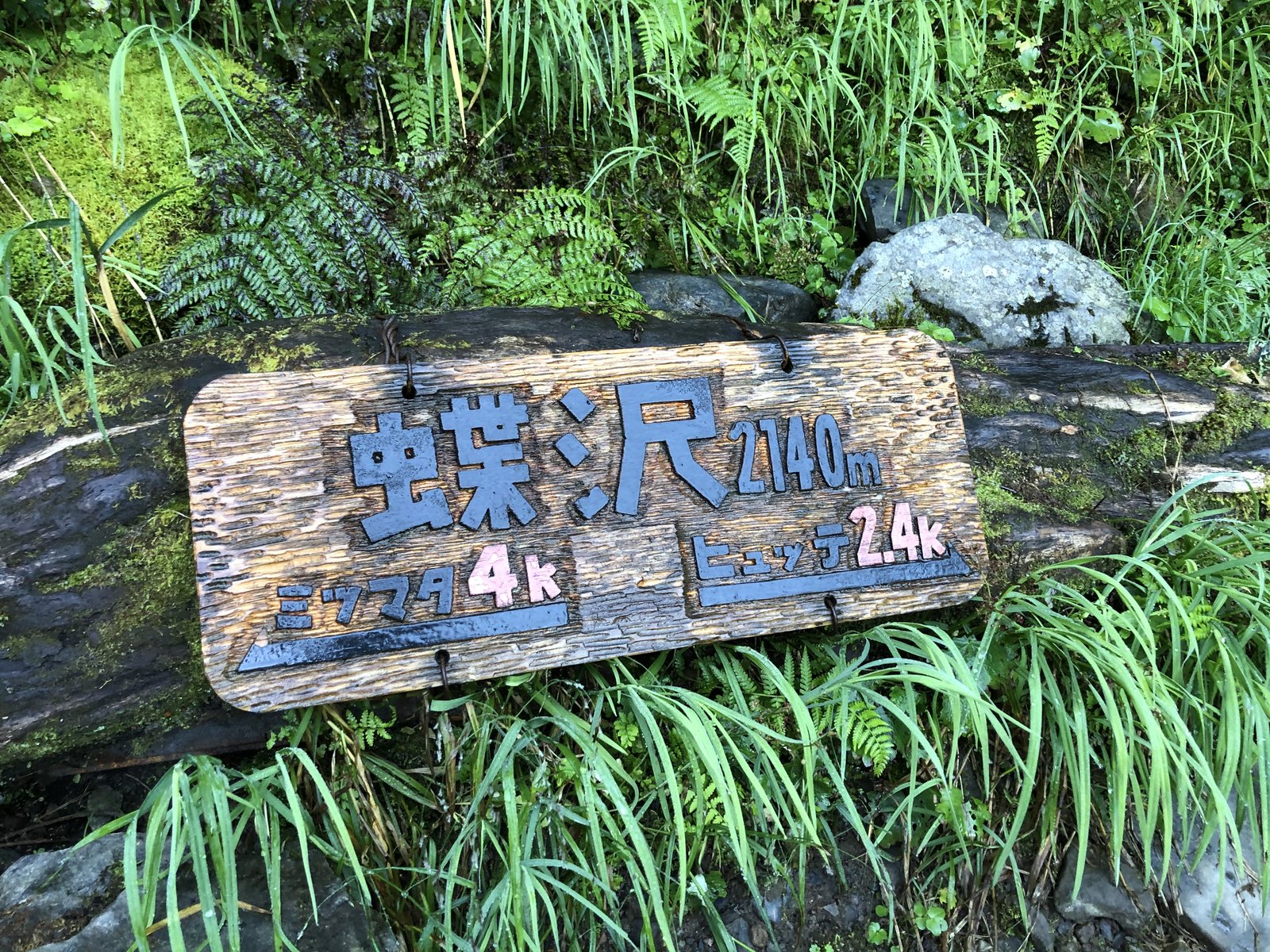 蝶ヶ岳 蝶沢2140mの道標 三股4km ヒュッテ2.4km ヤマカルテ