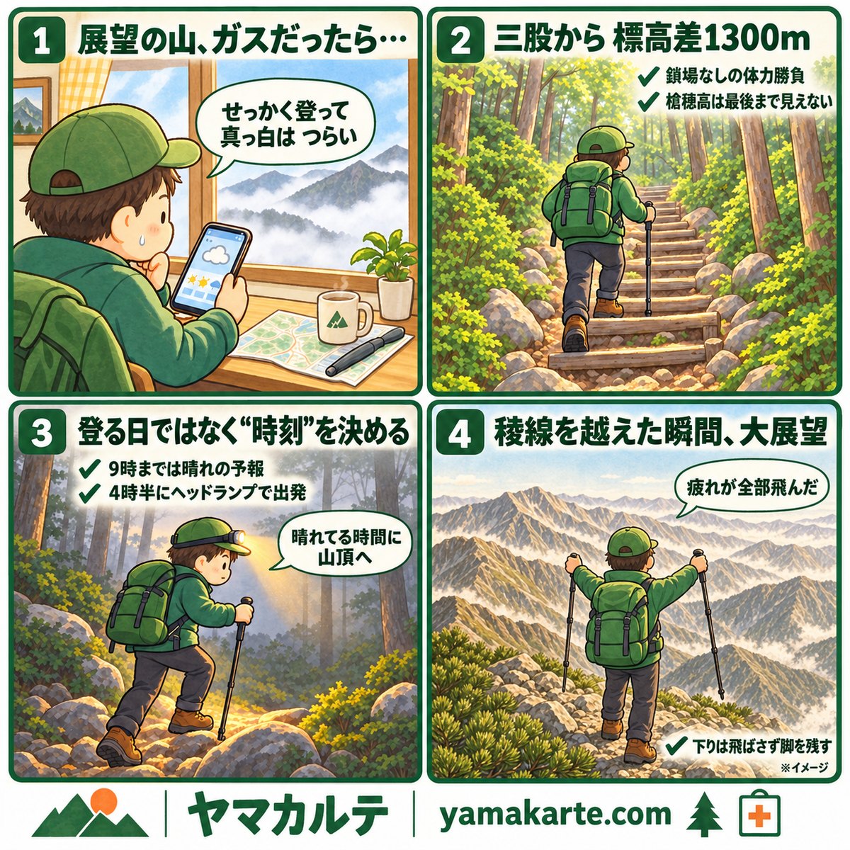 蝶ヶ岳 日帰り登山を4コマで解説 三股から標高差1300m 登る日ではなく時刻を決める 稜線を越えた瞬間の大展望 ヤマカルテ