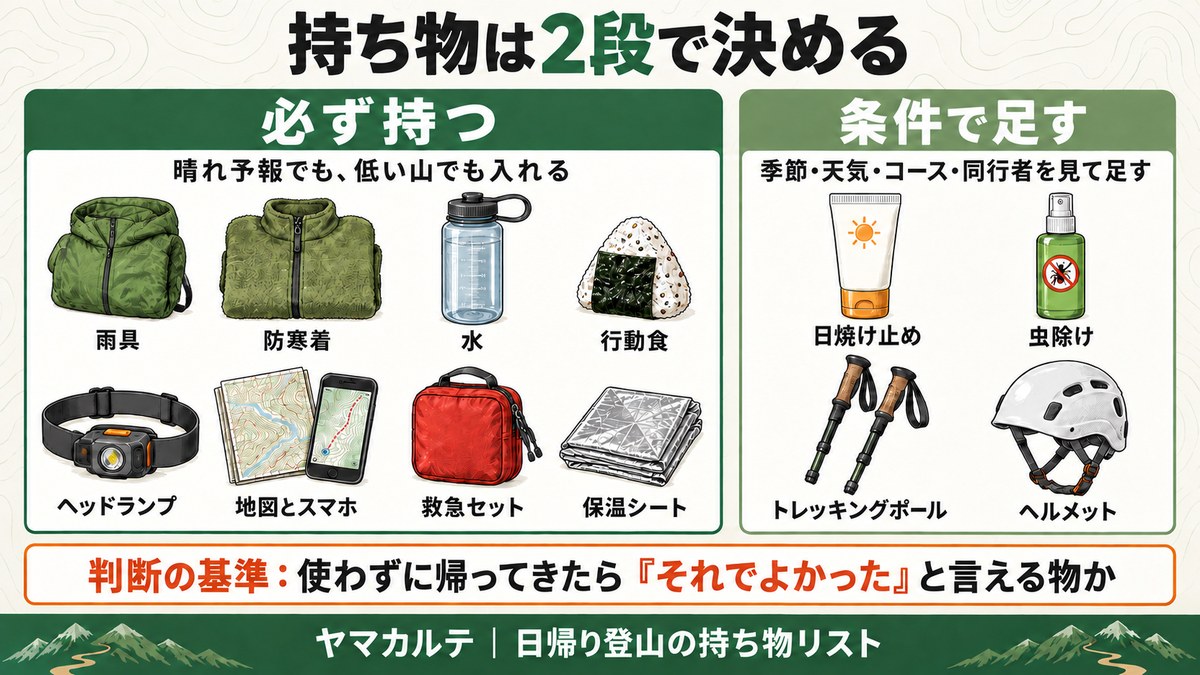 日帰り登山の持ち物は2段で決める 必ず持つ=雨具・防寒着・水・行動食・ヘッドランプ・地図とスマホ・救急セット・保温シート 条件で足す=日焼け止め・虫除け・トレッキングポール・ヘルメット 判断の基準は使わずに帰ってきたらそれでよかったと言える物か ヤマカルテ
