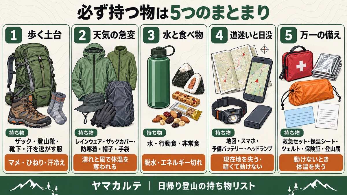 日帰り登山で必ず持つ物の5つのまとまり 歩く土台・天気の急変・水と食べ物・道迷いと日没・万一の備えと、ないと起きるマメ・体温低下・脱水・現在地を失う・動けないときの冷え ヤマカルテ