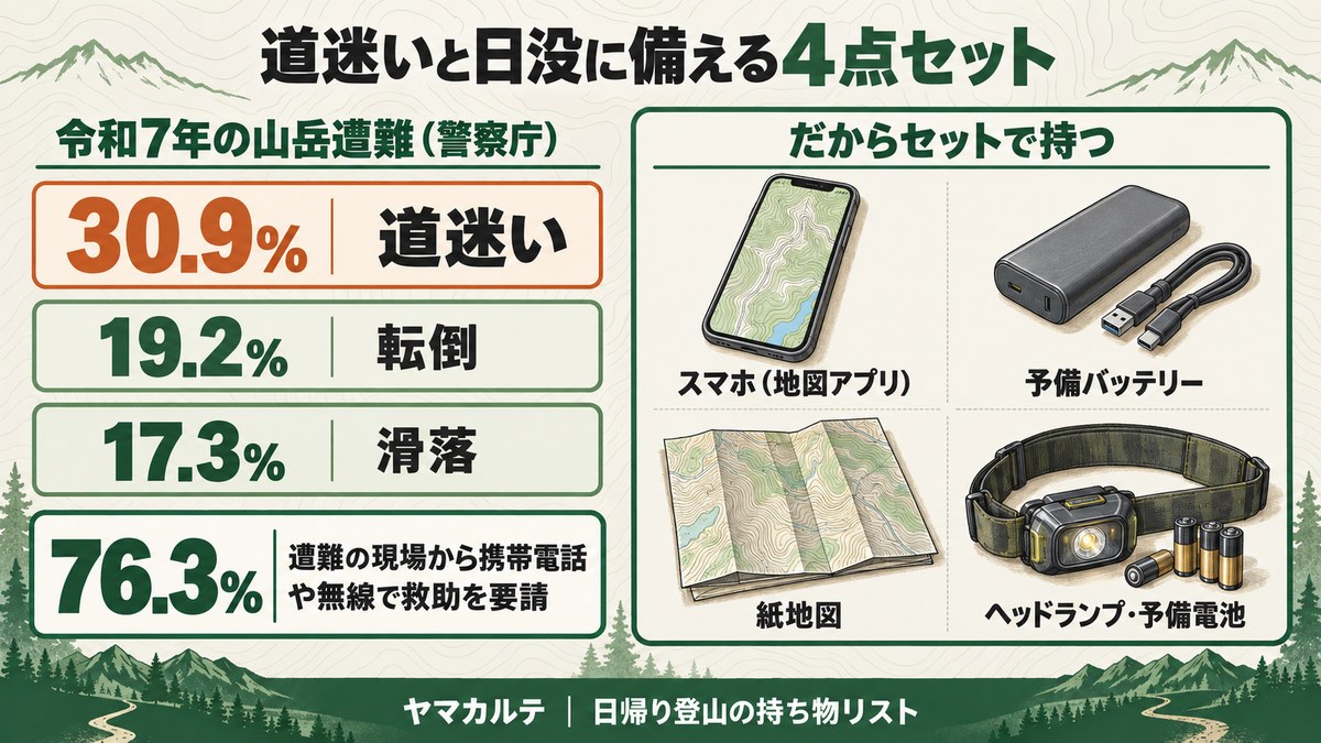 令和7年の山岳遭難は道迷い30.9%・転倒19.2%・滑落17.3% 76.3%が現場から携帯電話や無線で救助要請 スマホ・予備バッテリー・紙地図・ヘッドランプと予備電池の4点セット ヤマカルテ