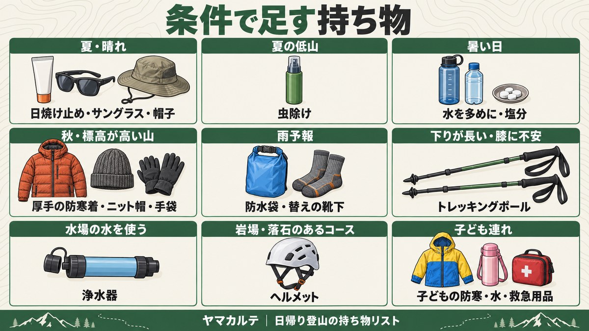 条件で足す日帰り登山の持ち物 夏・晴れ・夏の低山・暑い日・秋の高い山・雨予報・下りが長い・水場の水・岩場・子ども連れの9つの条件と足す物 ヤマカルテ