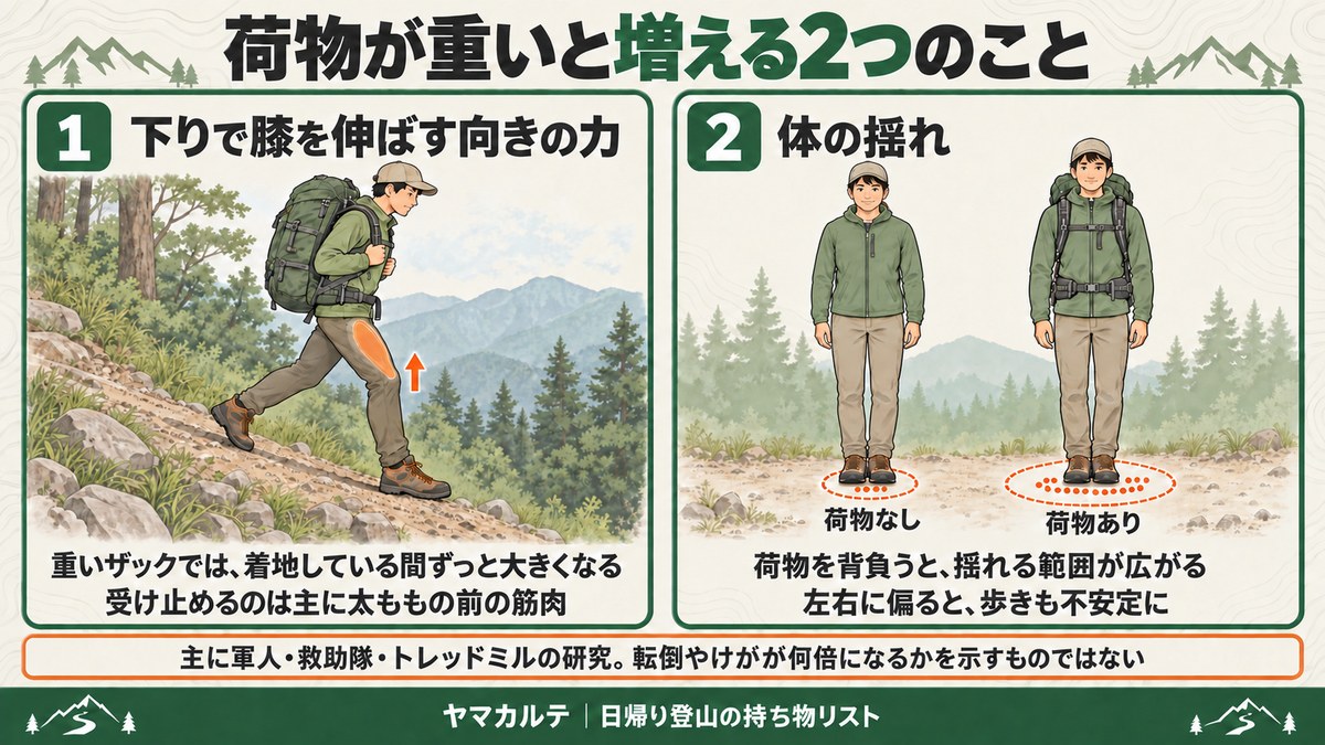 荷物が重いと増える2つのこと 下りで膝を伸ばす向きの力を受け止める太ももの前の筋肉と、荷物なしより荷物ありで広がる体の揺れ 主に軍人・救助隊・トレッドミルの研究 ヤマカルテ
