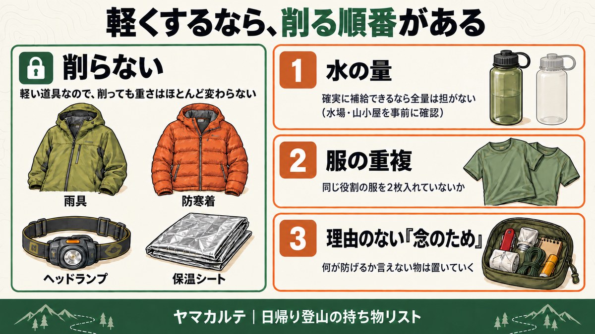 日帰り登山の荷物を軽くする順番 雨具・防寒着・ヘッドランプ・保温シートは削らない 削るのは1水の量 2服の重複 3理由のない念のための順 ヤマカルテ