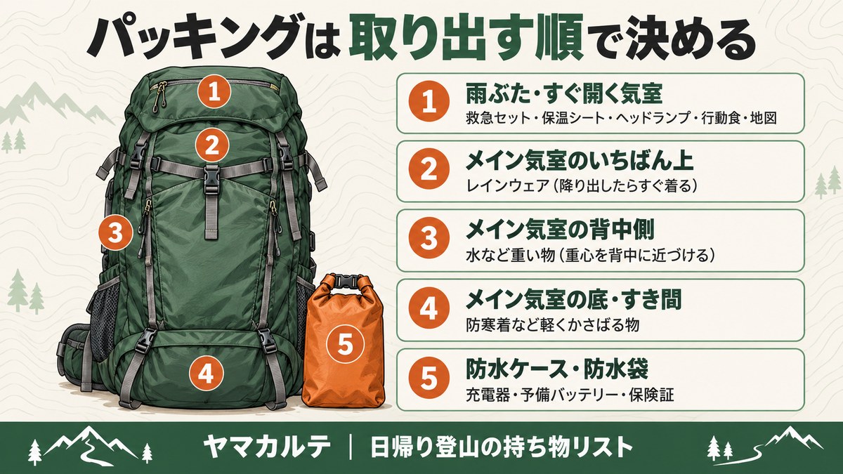 日帰りザックのパッキング 1雨ぶたに救急セット・保温シート・ヘッドランプ・行動食・地図 2いちばん上にレインウェア 3背中側に水など重い物 4底に防寒着 5防水袋に充電器・予備バッテリー・保険証 ヤマカルテ