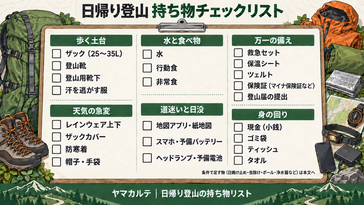 印刷して使える日帰り登山の持ち物チェックリスト 歩く土台・天気の急変・水と食べ物・道迷いと日没・万一の備え・身の回りの空欄チェックボックス付き ヤマカルテ