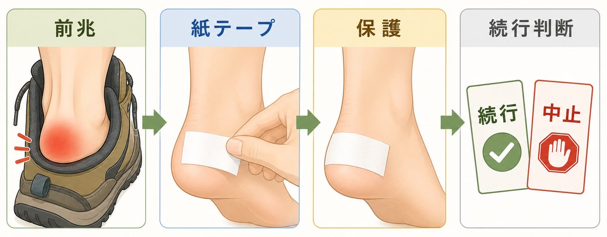 マメの前兆に気づいたら紙テープで肌を保護し続行を判断する流れの図解