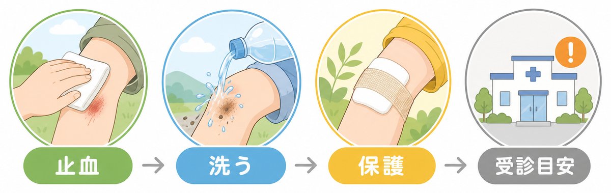 すり傷を止血し清潔な水で洗って保護し受診目安を確認する応急手当の図解