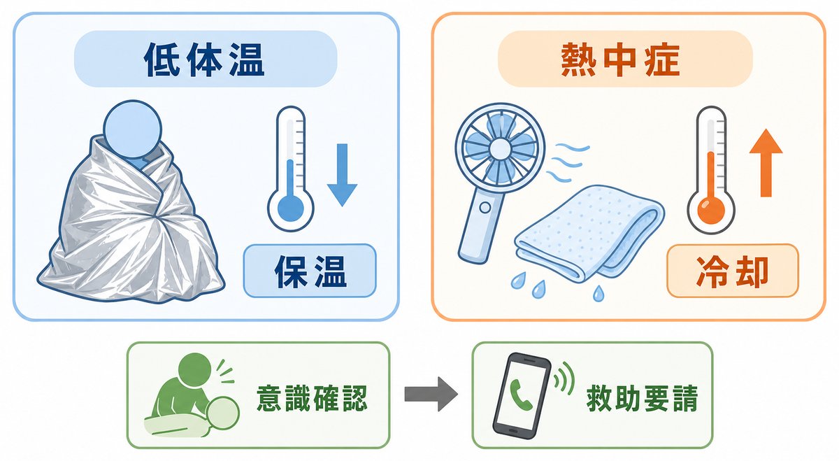 低体温は保温、熱中症は冷却し意識確認から救助要請につなげる図解