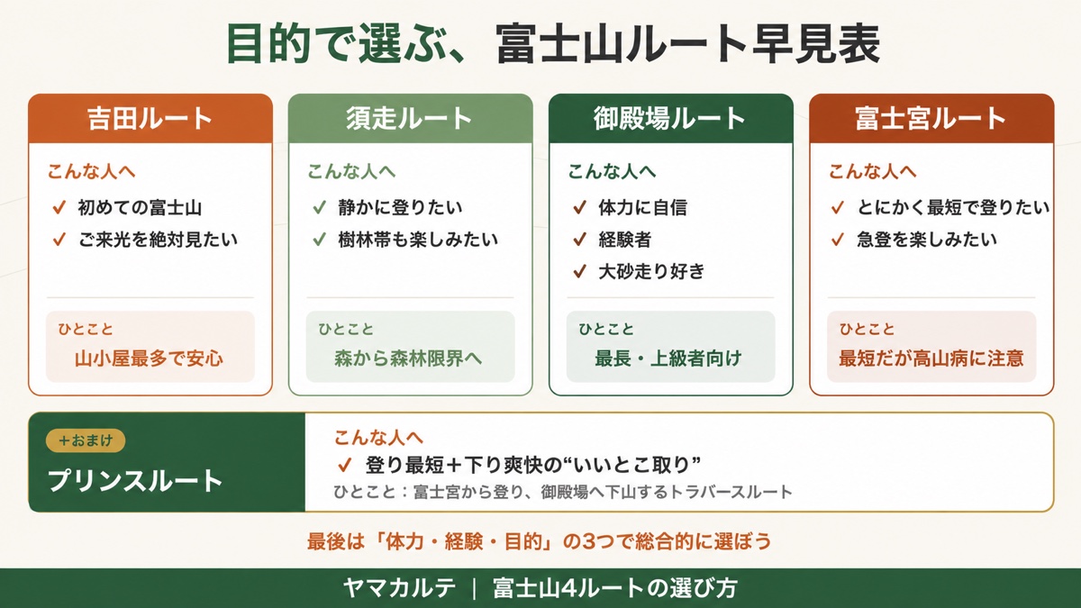 富士山4ルートを目的別に選ぶ早見表の図解。吉田は初めて・ご来光向け、須走は静かに樹林帯、御殿場は体力自信の上級者向け、富士宮は最短だが高山病注意、おまけでプリンスルートを紹介 ヤマカルテ