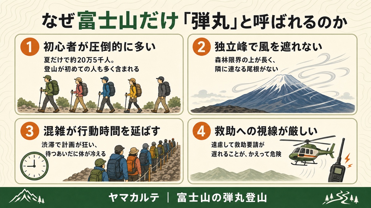 なぜ富士山だけ弾丸と呼ばれるのかを4つに整理した図解 初心者が圧倒的に多く夏だけで約20万5千人、独立峰で風を遮れず森林限界の上が長い、混雑が行動時間を延ばし待つあいだに体が冷える、救助への視線が厳しく遠慮して要請が遅れることがかえって危険 ヤマカルテ