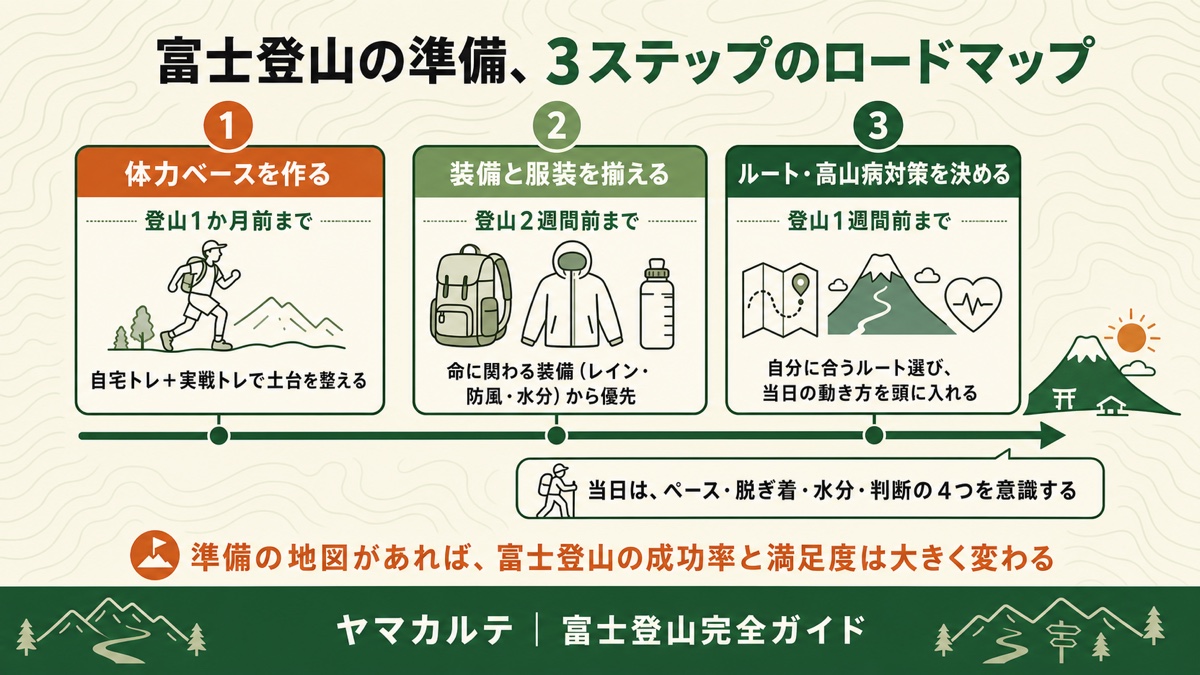 富士登山の準備、3ステップのロードマップ 登山1か月前まで＝体力ベースを作る、2週間前まで＝装備と服装を揃える、1週間前まで＝ルート・高山病対策を決める、当日はペース・脱ぎ着・水分・判断を意識を理学療法士が図解 ヤマカルテ