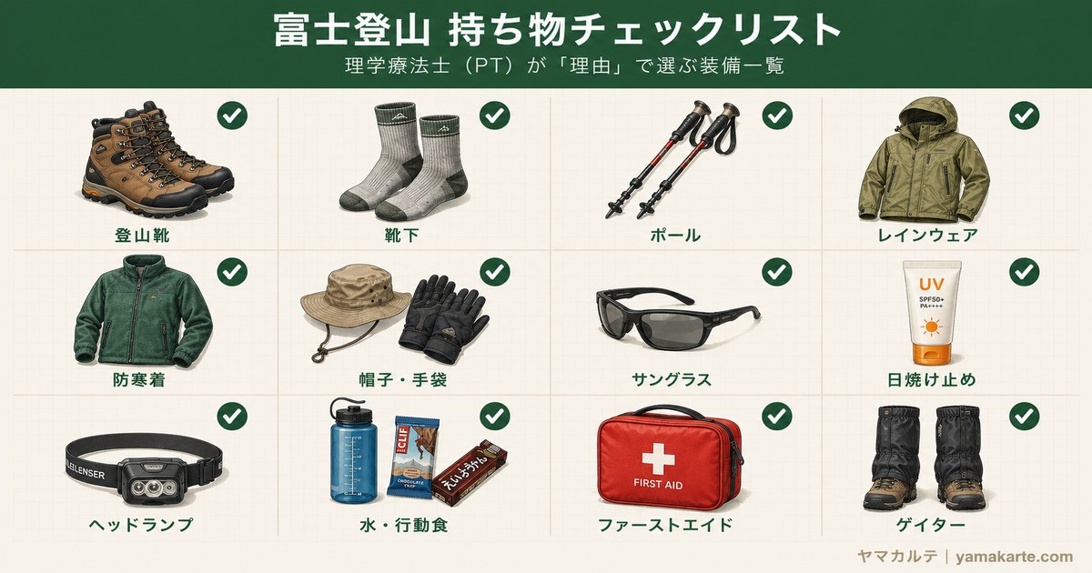 富士登山の持ち物チェックリスト 登山靴・靴下・トレッキングポール・レインウェア・防寒着・帽子・手袋・サングラス・日焼け止め・ヘッドランプ・水と行動食・ファーストエイド・ゲイターを並べた装備一覧 理学療法士が解説