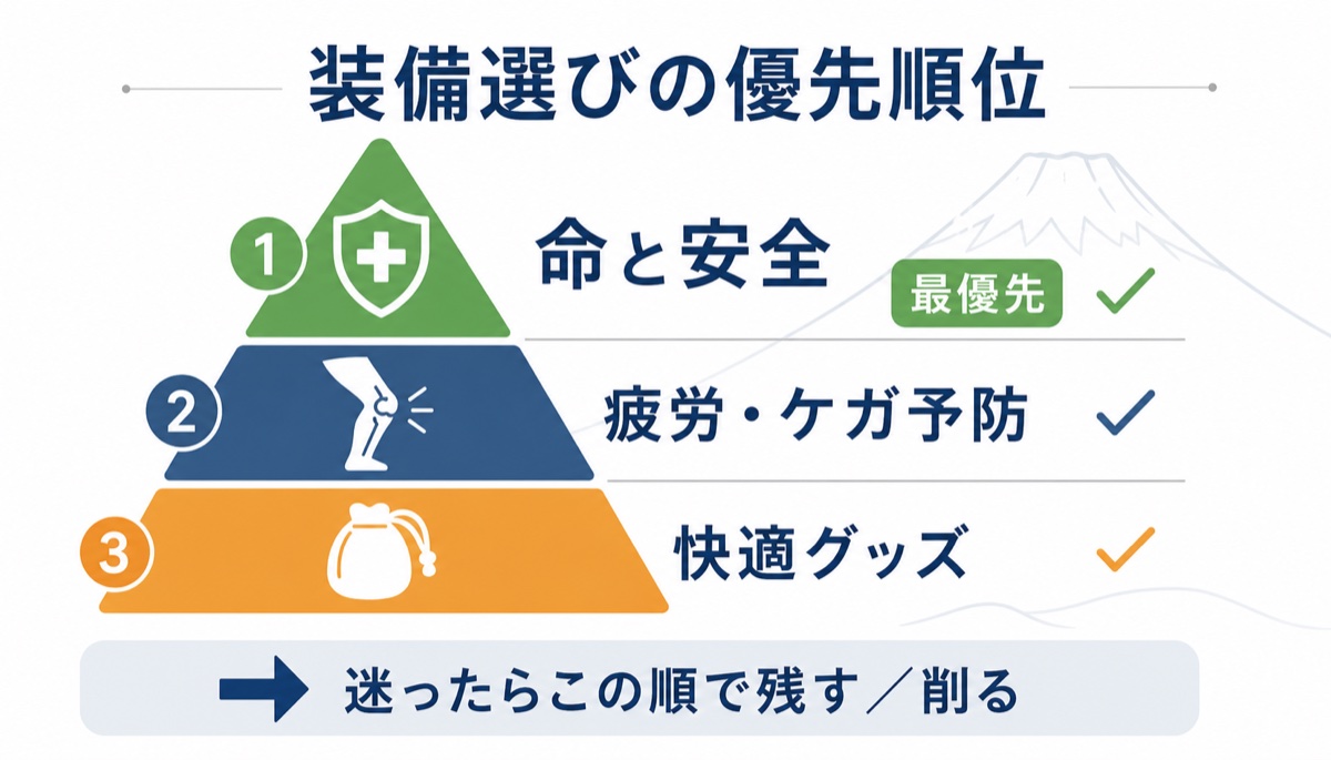 富士山の装備選びの優先順位の図解 最優先は命と安全に関わるもの、次に疲労やケガを防ぐもの、最後に快適グッズで、迷ったらこの順で残すか削るか決める
