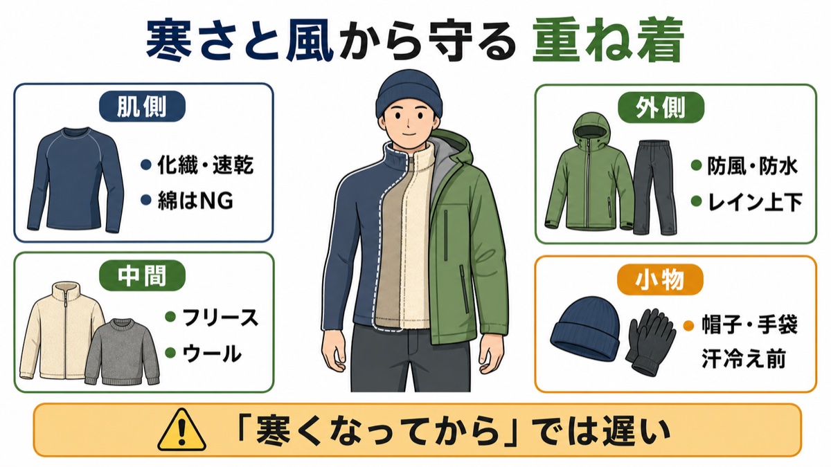 富士山の寒さと風から守る重ね着の図解 肌側は汗を吸って乾く化繊で綿はNG、中間はフリースやウールで保温、外側は防風防水シェルでレイン上下必携、小物の帽子と手袋は汗冷え前に着ける