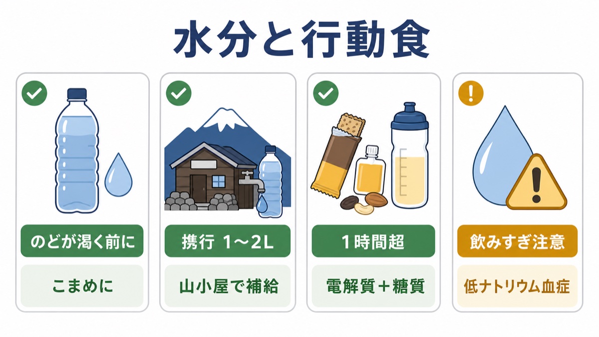 富士登山の水分と行動食の図解 のどが渇く前にこまめに、1〜2Lを携行し山小屋で補給、1時間を超えたら電解質と糖質も補い、飲みすぎ(低ナトリウム血症)にも注意