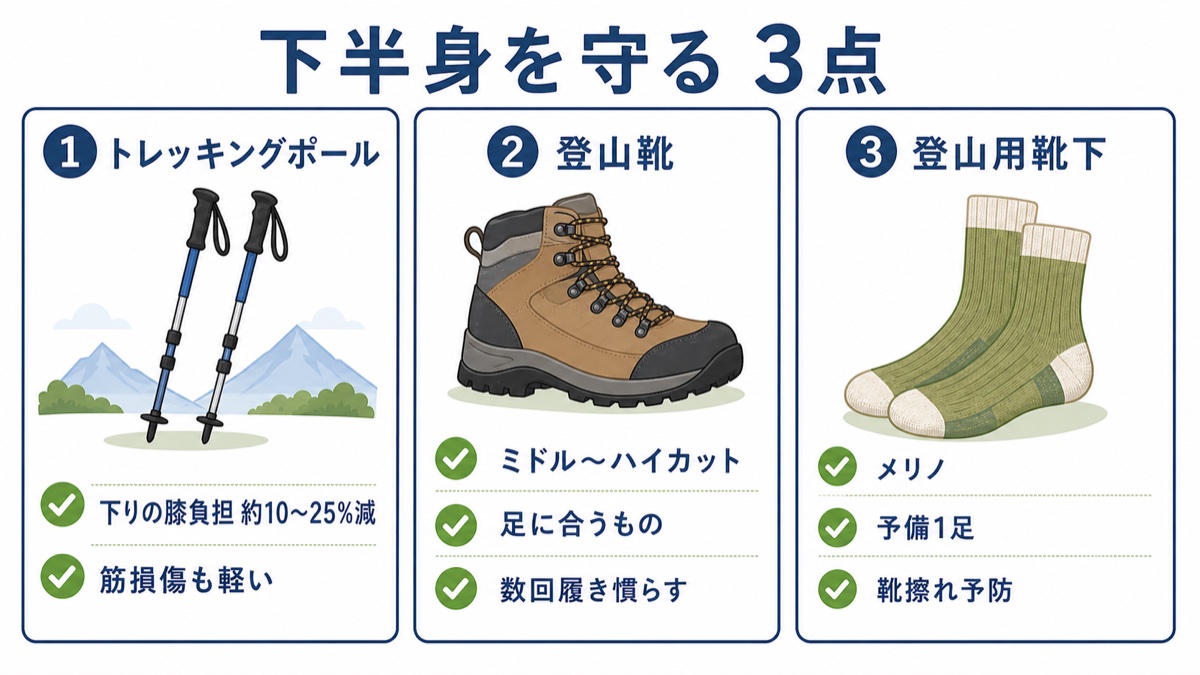 富士登山で下半身を守る3点の図解 トレッキングポールは下りの膝負担を約10〜25%減らし筋損傷も軽い、登山靴はミドル〜ハイカットで足に合うものを数回履き慣らす、登山用靴下はメリノで予備1足を用意し靴擦れを予防