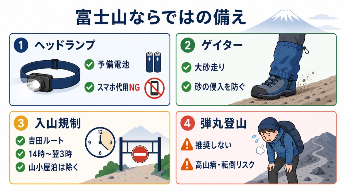 富士山ならではの備えの図解 ヘッドランプは予備電池を持ちスマホは代用にしない、ゲイターは大砂走りで砂の侵入を防ぐ、吉田ルートは14時〜翌3時の入山規制(山小屋泊は除く)、弾丸登山は高山病や転倒リスクで推奨しない
