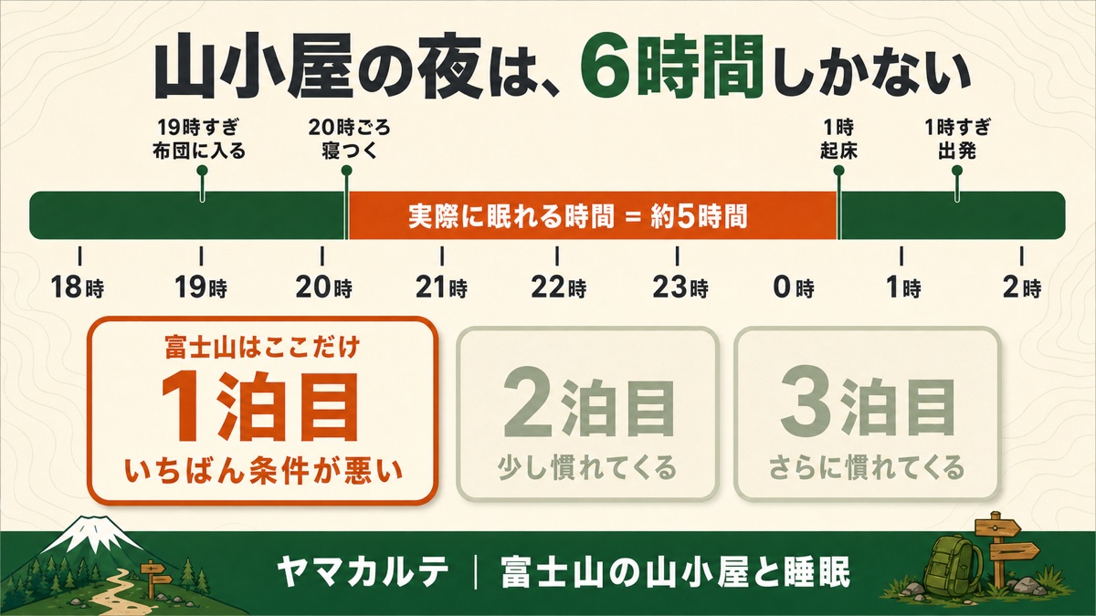 富士山の山小屋の夜のタイムライン 19時すぎに布団へ入り20時ごろ寝つき1時起床で実際に眠れる時間は約5時間、富士山は1泊目だけで2泊目3泊目の順応は経験しない ヤマカルテ