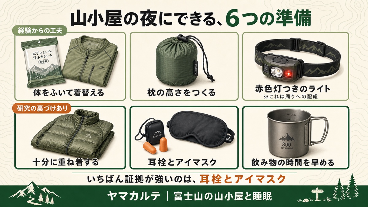 山小屋の夜にできる6つの準備 経験からの工夫は体をふいて着替えるスタッフバッグで枕の高さをつくる赤色灯つきのライト、研究の裏づけがあるのは十分に重ね着する耳栓とアイマスク飲み物の時間を早める ヤマカルテ