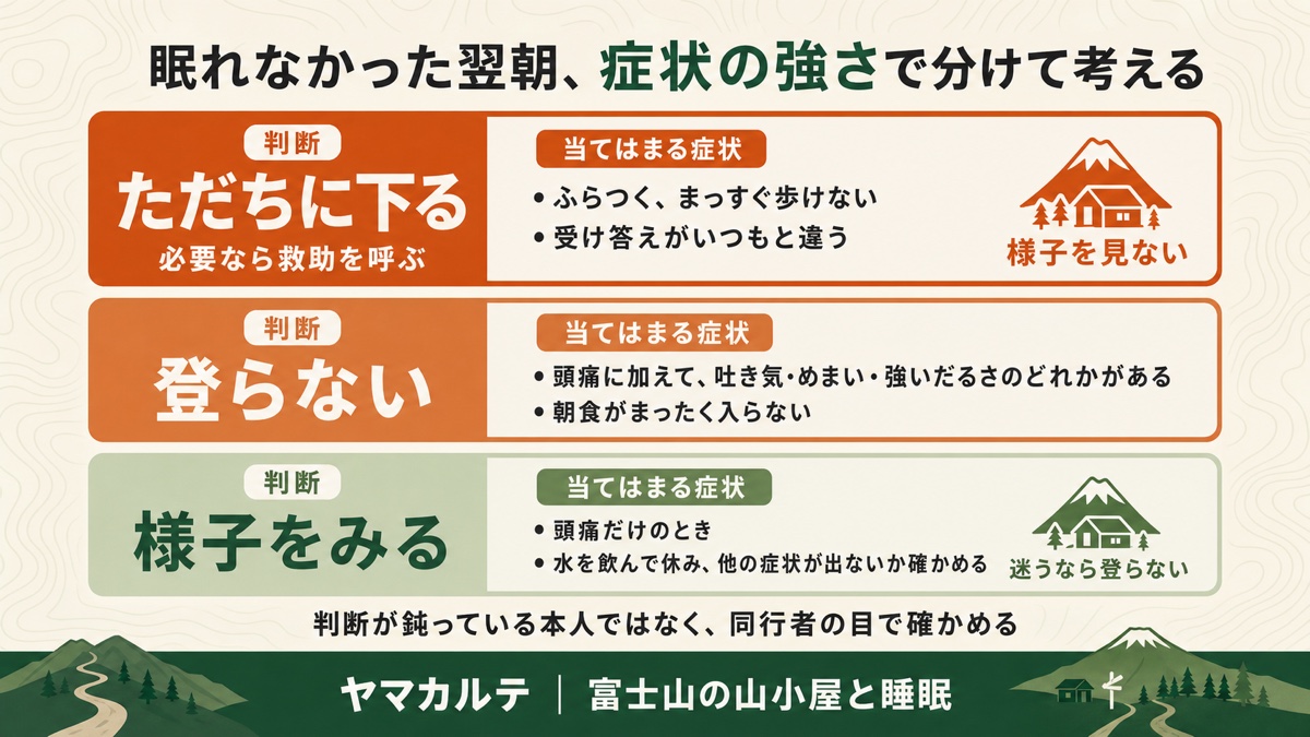 眠れなかった翌朝の判断を症状の強さで3段階に分けた図 ふらつきや受け答えの異常はただちに下る、頭痛に吐き気めまいだるさが加わるなら登らない、頭痛だけなら様子をみる ヤマカルテ