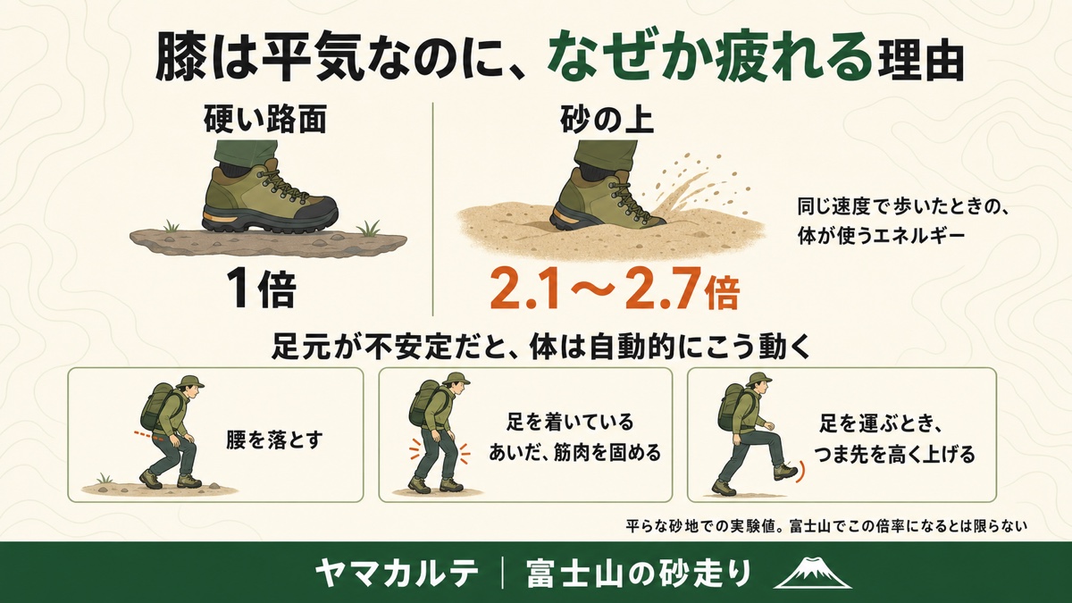 砂の上を歩くと硬い路面の2.1〜2.7倍のエネルギーを使うことと 足元が不安定なとき体が腰を落とし筋肉を固めつま先を高く上げる3つの反応を示す図解 ヤマカルテ
