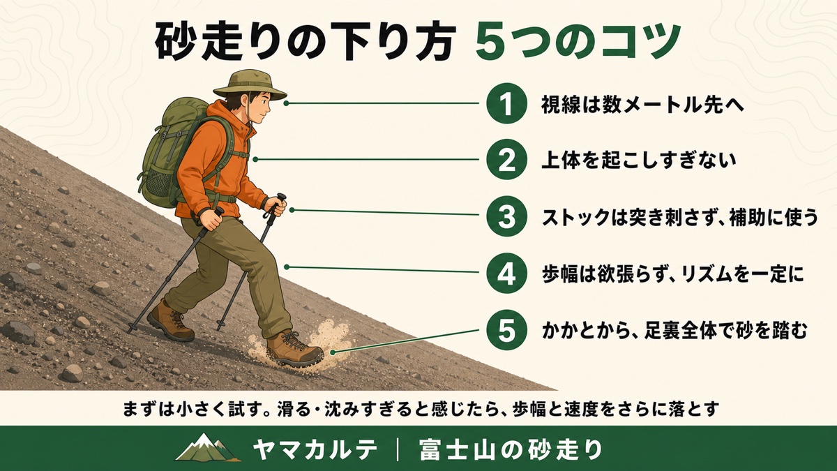 砂走りの下り方5つのコツを理学療法士が図解 視線は数メートル先 上体を起こしすぎない ストックは補助 歩幅は一定 かかとから足裏全体で砂を踏む ヤマカルテ