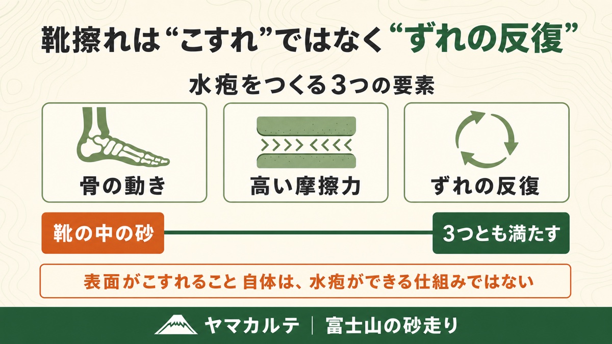 靴擦れは表面のこすれではなくずれの反復で起きることを示す図解 骨の動き 高い摩擦力 ずれの反復の3要素を靴の中の砂が満たす ヤマカルテ
