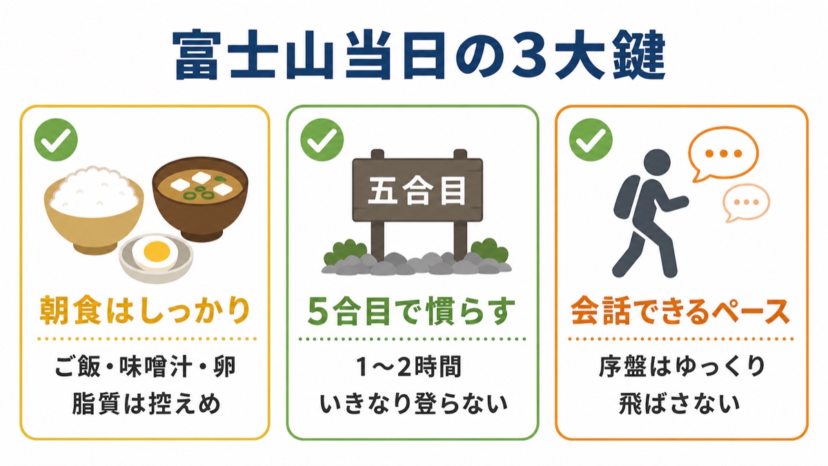 富士山当日の3大鍵の図解 朝食はご飯味噌汁卵の炭水化物中心で脂質は控えめ、5合目で1〜2時間慣らしていきなり登らない、登り始めは会話できるペースで序盤は飛ばさない