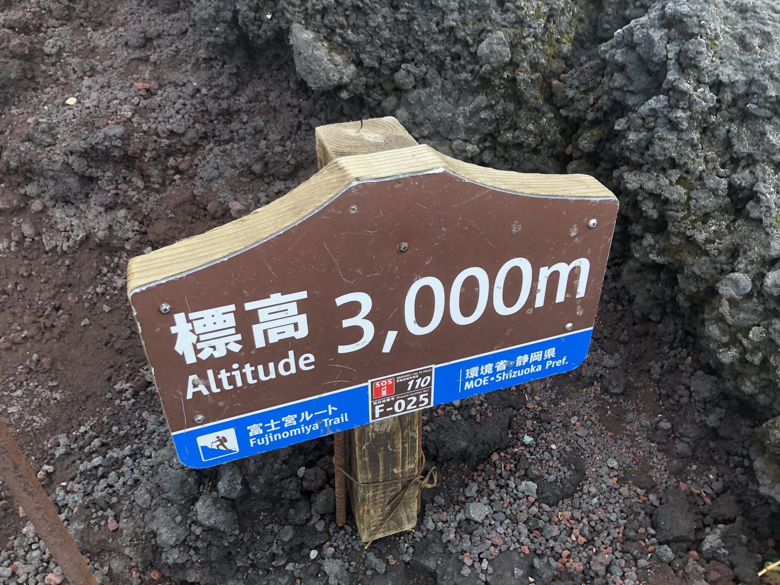 富士山富士宮ルートの標高3000m地点の標識 環境省と静岡県の案内板
