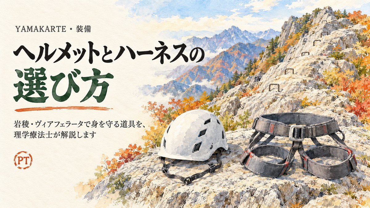 岩稜の登山道わきの岩に置いた登山用ヘルメットとシットハーネス 鉄の足場が並ぶ花崗岩の岩稜と秋の山並み ヘルメットとハーネスの選び方 ヤマカルテ