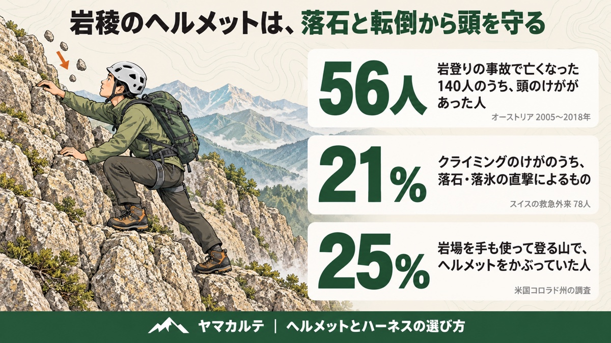 岩稜のヘルメットは落石と転倒から頭を守る 岩登りの事故で亡くなった140人のうち頭のけががあった人56人・クライミングのけがのうち落石落氷の直撃21%・岩場の山でヘルメットをかぶっていた人25% ヤマカルテ