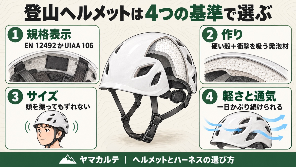 登山ヘルメットは4つの基準で選ぶ 規格表示EN 12492かUIAA 106・硬い殻と衝撃を吸う発泡材の作り・頭を振ってもずれないサイズ・一日かぶり続けられる軽さと通気 ヤマカルテ