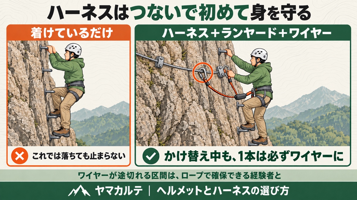 ハーネスはつないで初めて身を守る 着けているだけでは落ちても止まらない ハーネスとランヤードでヴィアフェラータのワイヤーにつなぎかけ替え中も1本は必ずワイヤーに ヤマカルテ