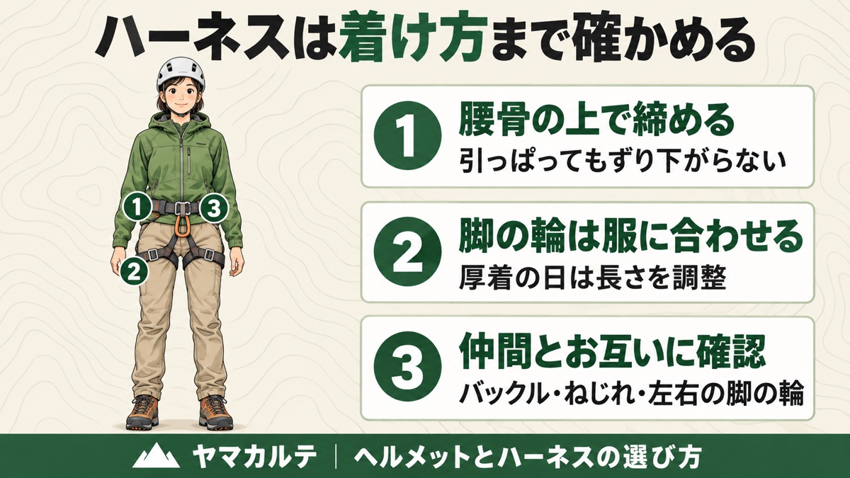 ハーネスは着け方まで確かめる 腰骨の上で締める・脚の輪は服に合わせる・仲間とお互いにバックルとねじれと脚の輪を確認 ヤマカルテ