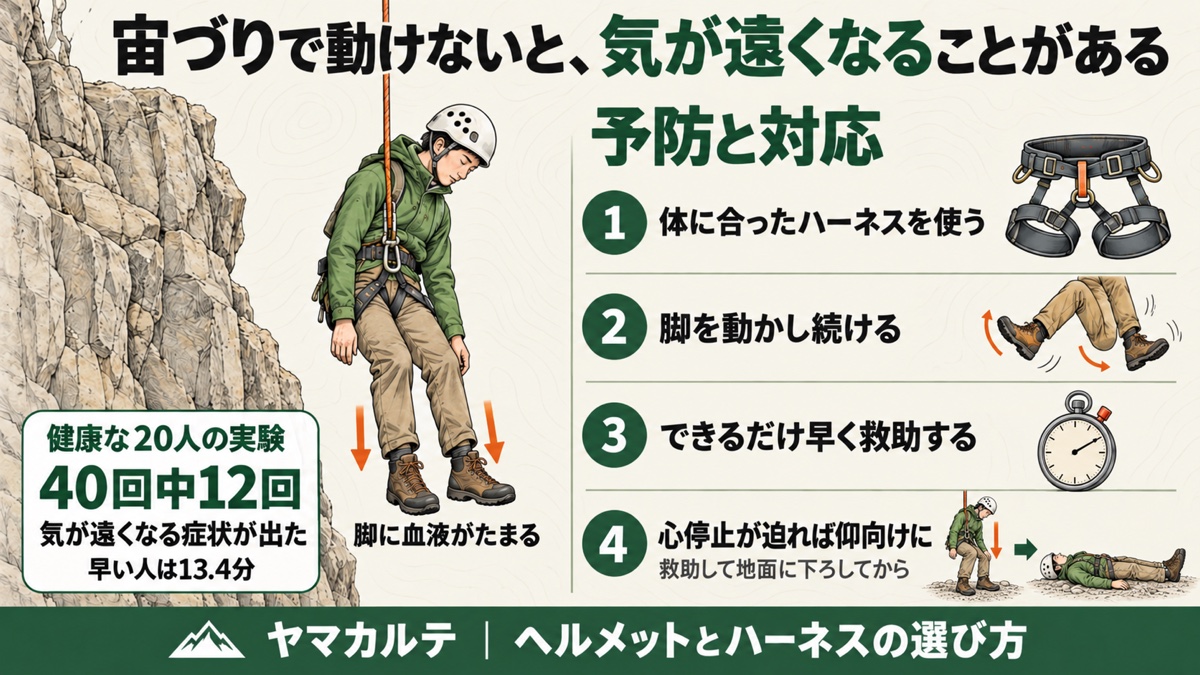 宙づりで動けないと気が遠くなることがある 健康な20人の実験で40回中12回に症状 早い人は13.4分 予防と対応は体に合ったハーネス・脚を動かし続ける・早く救助・下ろしてから心停止が迫れば仰向けに ヤマカルテ