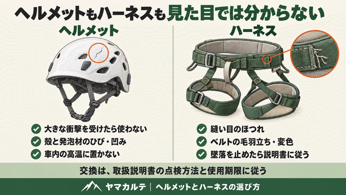 ヘルメットもハーネスも見た目では分からない ヘルメットは衝撃・ひびと凹み・車内の高温 ハーネスは縫い目のほつれ・毛羽立ちと変色・墜落を止めたら説明書に従う ヤマカルテ