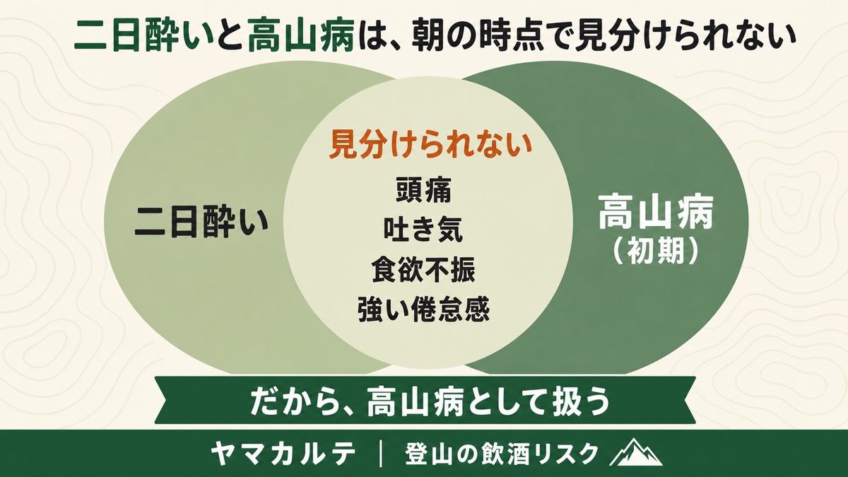 二日酔いと高山病初期の症状の重なりを示すベン図 頭痛・吐き気・食欲不振・強い倦怠感が共通し朝の時点では見分けられない ヤマカルテ