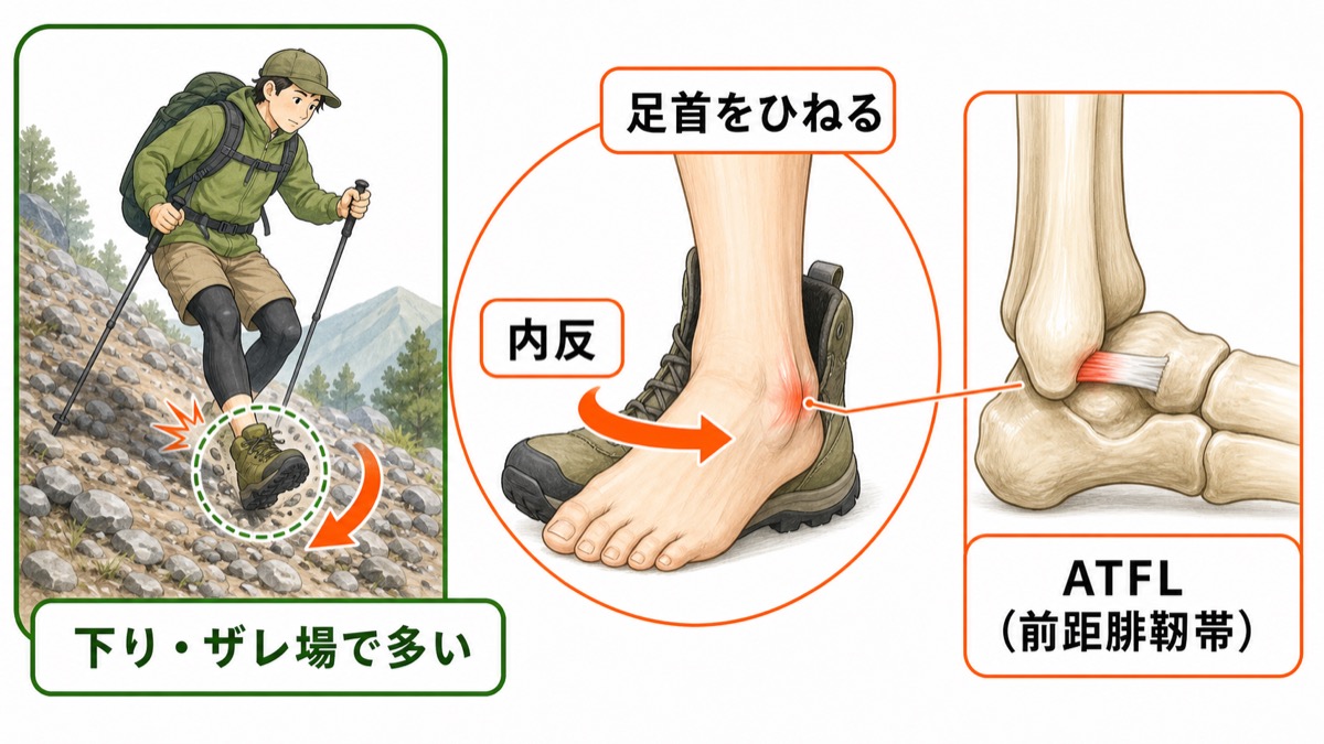 登山では下りやザレ場で足首を内側にひねりやすく外くるぶし前のATFL(前距腓靱帯)が傷つくことを示した図解